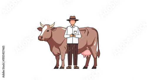 Farmer Standing Beside Cow In Rural Farm Scene. Vector Illustrations. EPS Editable