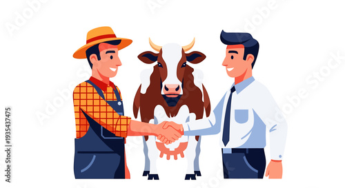 Farmers Shaking Hands with Cow on Bright Farm. Vector Illustrations. EPS Editable