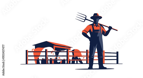 Farmer Standing with Pitchfork by a Rustic Farm Fence in Country Scene. Vector Illustrations. EPS Editable