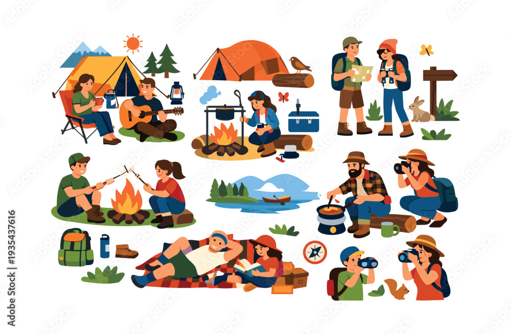 Fototapeta premium Set of vector illustrations depicting various outdoor and camping activities including cooking, hiking, exploring, and relaxing