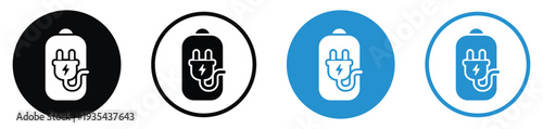 Battery charging icons featuring an electric plug with a lightning bolt. Four variations in black and blue circular frames representing power connection and active device charging status.