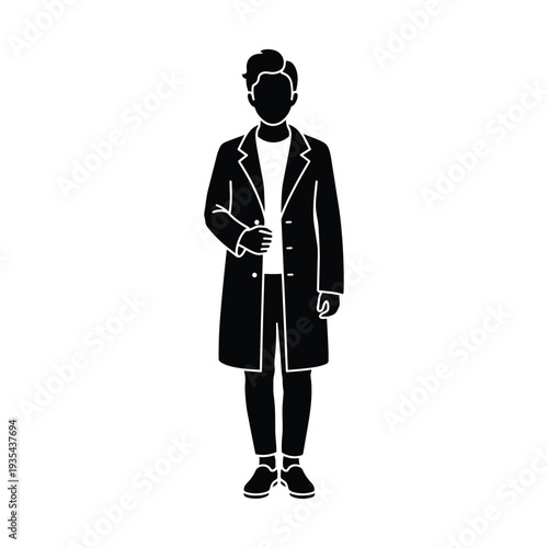 Full body silhouette of a person wearing a long coat standing in a professional pose isolated on a white background representing business or fashion concept