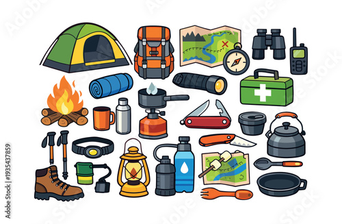Collection of camping and hiking gear items, including a tent, backpack, campfire, and cooking supplies, representing adventure travel