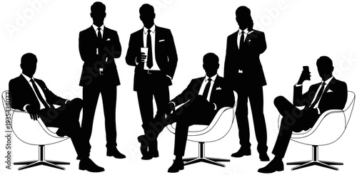 Black and White Silhouette Vector Illustration of Corporate Businessmen Executives Team