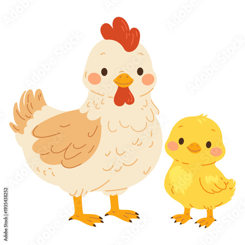 Cute cartoon character of mother chicken and little baby chic. Vector illustration for baby and kids prints, pattern, design concept