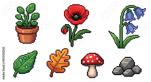 A diverse collection of pixel art nature elements such as flowers, leaves, a potted plant, a mushroom, and rocks, ideal for video game assets and educational digital content creation.