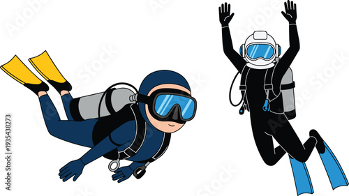 Scuba divers underwater swimming with oxygen tanks and fins, cartoon vector illustration of diving sport adventure isolated on white background