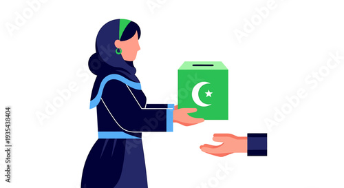 Muslim Woman Receiving Donation Book Charity Concept. Vector Illustrations. EPS Editable