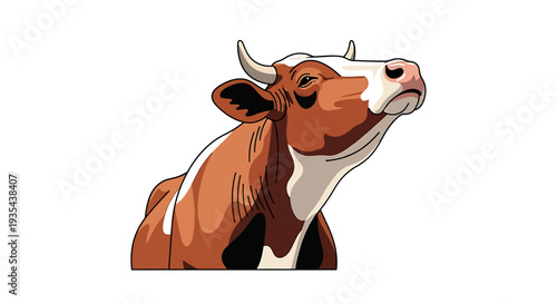 Frisky Cow Head Illustration Looking Upward and Curious About Light. Vector Illustrations. EPS Editable