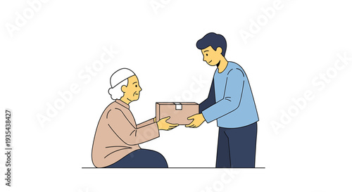 Generous Elderly Recipient Receives Caring Package Exchange. Vector Illustrations. EPS Editable