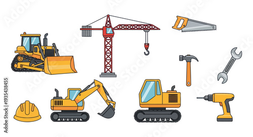A collection of essential construction equipment and manual tools for building and renovation projects, perfect for educational materials or business presentations