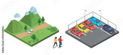 Jogging couple enjoying outdoor exercise near a peaceful green nature scene with hills and a car, contrasting with an urban car parking area, ideal for lifestyle and transportation themes.