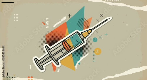 Modern graphic syringe with abstract shapes and textured background for healthcare communication, vaccination awareness, medical news, and science education applications