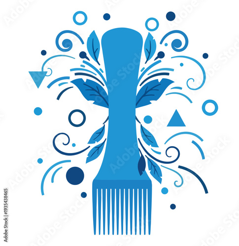 Stylized blue hair comb with decorative swirls and organic leaf elements provides an appealing graphic for hair grooming promotions and hair care establishment decoration needs