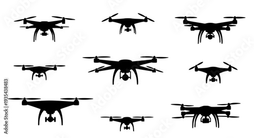Drone Swarm Silhouette Icons – Black Vector UAVs in Motion on White Background