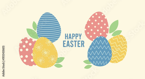Festive Happy Easter greeting with colorful decorated eggs and fresh green leaves, perfect for springtime holiday celebrations and seasonal promotions