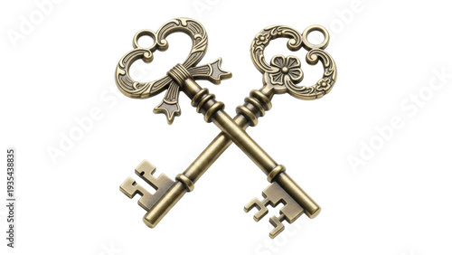 Isolated antique skeleton keys crossed, old bronze color, ornate style, historical objects