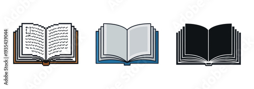 Collection of distinct open book icons symbolizing knowledge, learning, education, and literature, perfect for academic applications, publishing projects, or library promotions.