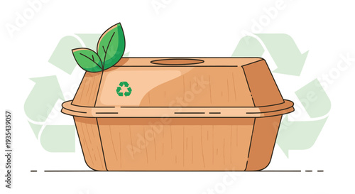 Eco friendly compostable take out container with recycling symbol and fresh leaves representing sustainability and biodegradable packaging solutions for food delivery services