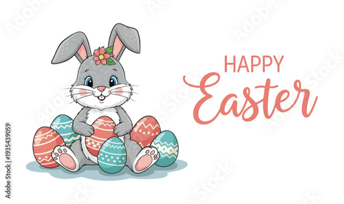 Cheerful cartoon bunny with a pink flower on its head sitting among decorative Easter eggs and wishing a happy holiday for greeting messages and seasonal promotions