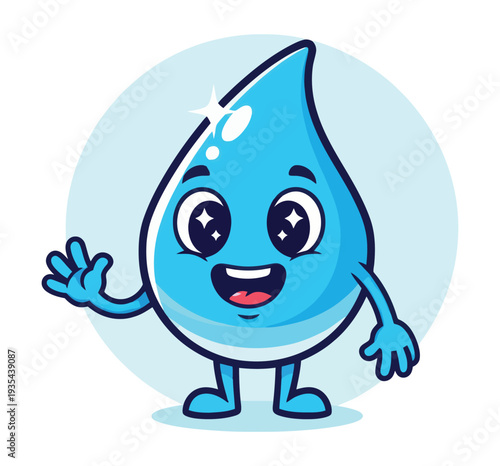 A cheerful blue water droplet mascot with sparkling eyes and a friendly wave promotes hydration and water purity for health and environmental awareness campaigns