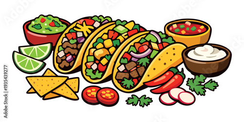 Mexican food spread displaying various hard shell tacos filled with meat and vegetables, accompanied by dips and garnishes