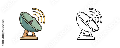Satellite dish antenna in cartoon and linear styles with green and yellow colors for telecommunication or signal broadcasting on white background isolated set