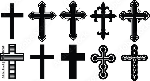 Set of Christian cross silhouettes collection with ornamental and simple designs, religious symbol vector illustration isolated on white background for faith and church themes