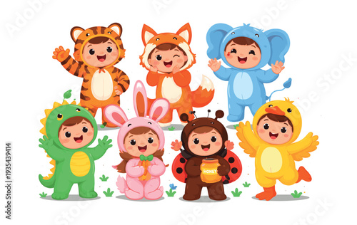 Collection of joyful cartoon kids in vibrant animal outfits, showcasing happiness and variety against a white backdrop