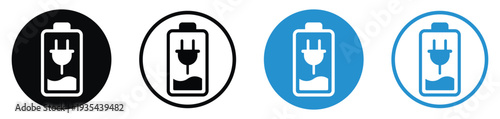Battery charging icons featuring an electric plug with a lightning bolt. Four variations in black and blue circular frames representing power connection and active device charging status.