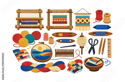 Textile art hobby items for weaving craft and hand embroidery activities, featuring looms, yarn balls, threads, and various tools