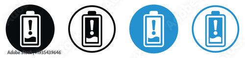 Smartphone icons displaying a low battery with a central exclamation mark alert. Vector illustration in solid and outline styles for mobile UI and battery health warning notifications.