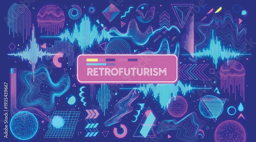 Retrofuturism neon pink and blue abstract background with various shapes and patterns