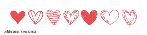 Assortment of red heart symbols with diverse textures and outlines for romantic themes