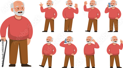 Senior elderly man character set vector illustration, cartoon grandfather with cane showing various gestures isolated on white background