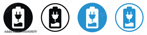 Battery charging icons featuring an electric plug with a lightning bolt. Four variations in black and blue circular frames representing power connection and active device charging status.