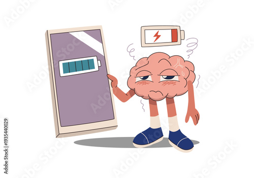 Brain character exhausted and drained. Representing burnout, social media addiction, Flat vector design illustration.