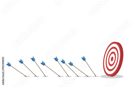 Business Strategy Target Concept with Arrows Missing Bullseye – Goal Achievement, Marketing Performance, Planning, Failure Analysis and Growth Flat Vector Illustration