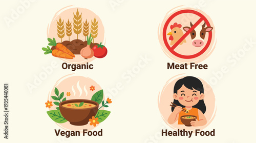 Organic meat free vegan and healthy food icons vector illustration set