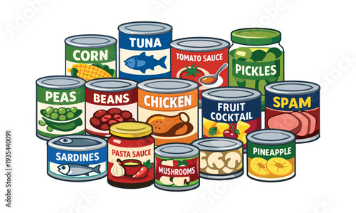 Collection of various non-perishable canned and jarred foods, representing food supply, storage, and relief efforts