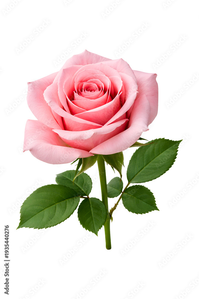 Fototapeta premium Pink Rose with Green Leaves on White Background image