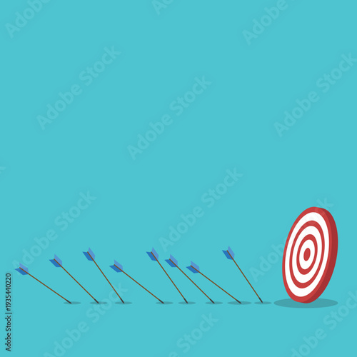 Business Strategy Target Concept with Arrows Missing Bullseye – Goal Achievement, Marketing Performance, Planning, Failure Analysis and Growth Flat Vector Illustration