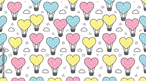 Seamless Pattern with Heart Shaped Hot Air Balloons and Clouds