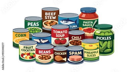 Canned goods and jarred products for pantry staples, such as corn, peas, tuna, soup, chili, fruit cocktail, and pickles