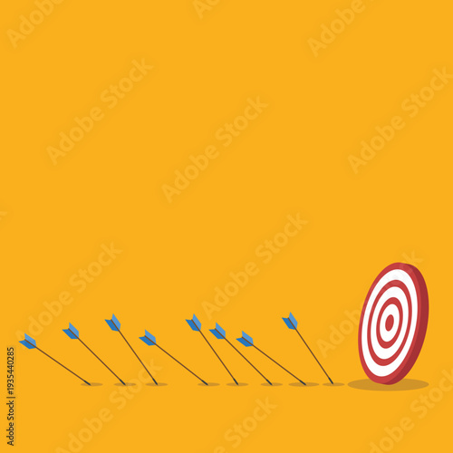 Business Strategy Target Concept with Arrows Missing Bullseye – Goal Achievement, Marketing Performance, Planning, Failure Analysis and Growth Flat Vector Illustration
