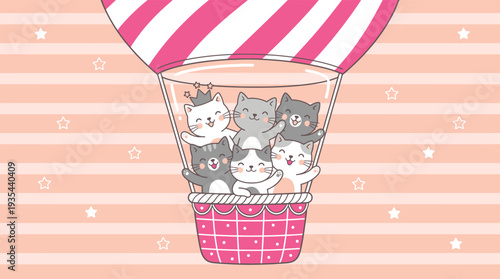Happy cartoon kittens waving from a pink hot air balloon with stars