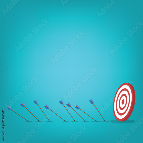 Business Strategy Target Concept with Arrows Missing Bullseye – Goal Achievement, Marketing Performance, Planning, Failure Analysis and Growth Flat Vector Illustration
