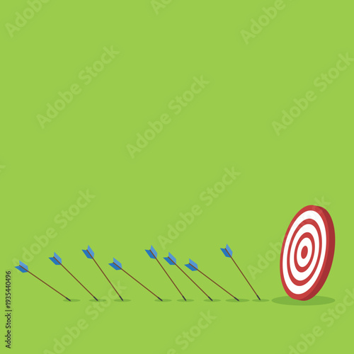 Business Strategy Target Concept with Arrows Missing Bullseye – Goal Achievement, Marketing Performance, Planning, Failure Analysis and Growth Flat Vector Illustration