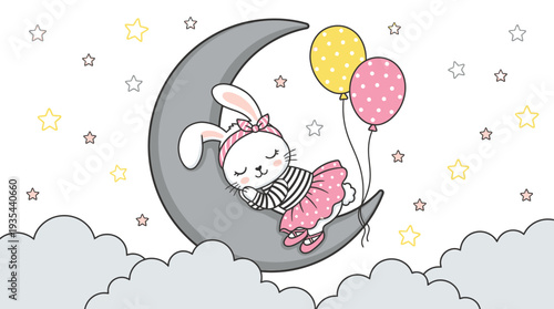 Cute bunny sleeping on moon with balloons and stars whimsical kids illustration