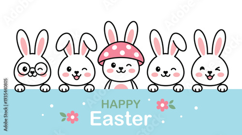 Cute Cartoon Easter Bunnies Peeking Over a Happy Easter Banner with Flowers